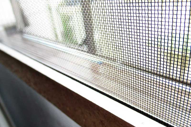 Close-up of a window screen with an outdoor scene blurred in the background.