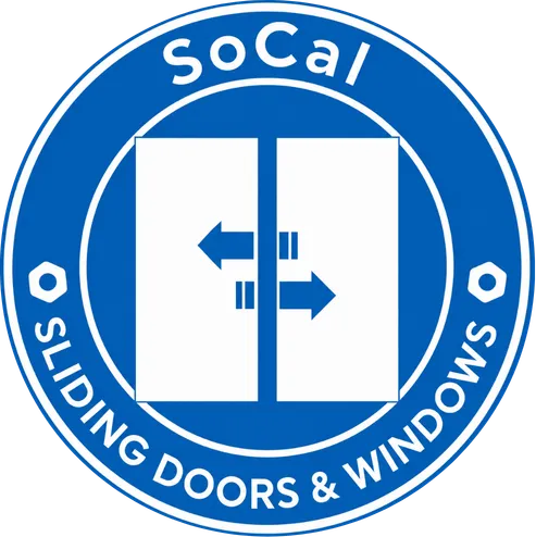 Blue SoCal Sliding Doors & Windows logo with sliding door icon and white text in a circle.